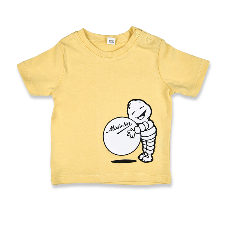 tee shirt bébé Bibendum et sa balle jaune - Textile Michelin