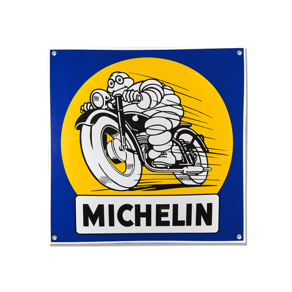 Enamelled plate Michelin Man on his motorcycle - SOUVENIRS