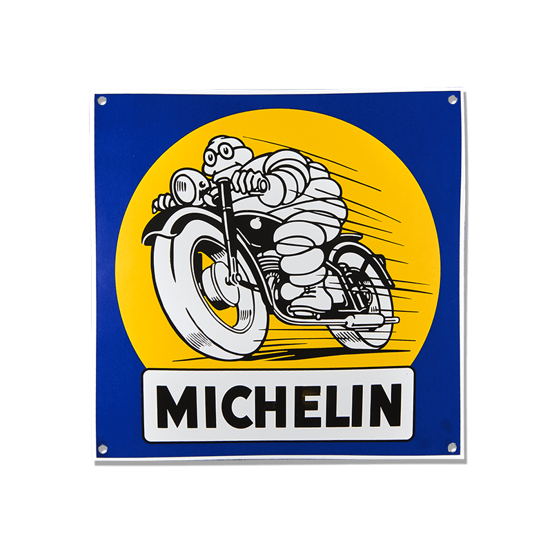 Enamelled plate Michelin Man on his motorcycle - SOUVENIRS