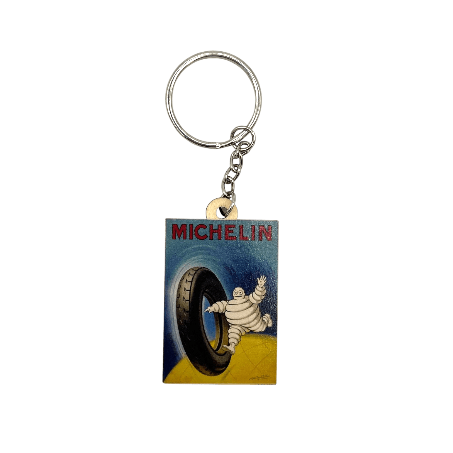 Wooden Keychain “The Michelin man with a Running Tyre”