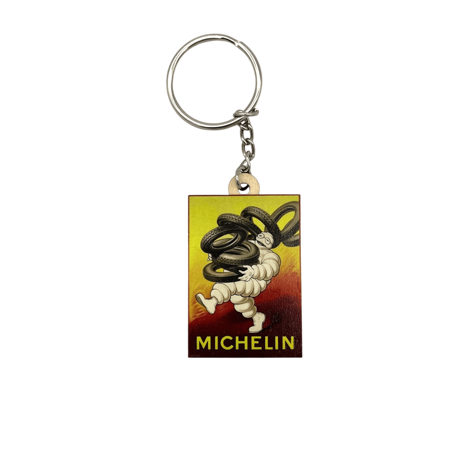Wooden keychain Michelin Man and his stack of tires